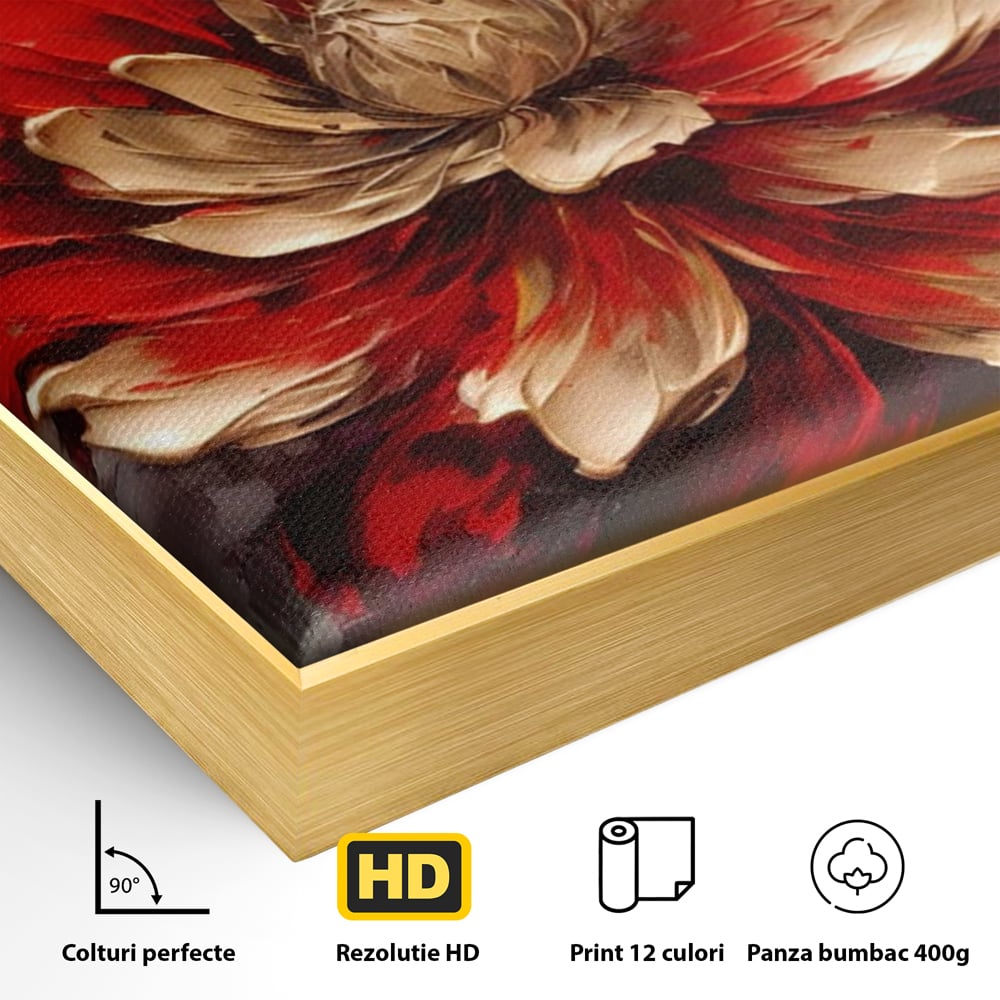 Detaliu al suprafetei: pictura cu o floare rosie si aurie in relief, in rama de aluminiu auriu